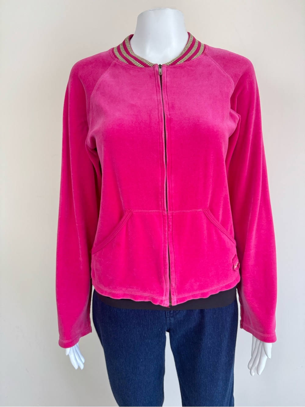 Sonia Rykiel Pink Velour Velvet Zip Jacket Gold Stripe Collar Y2K 90s Athletic - Picture 3 of 14